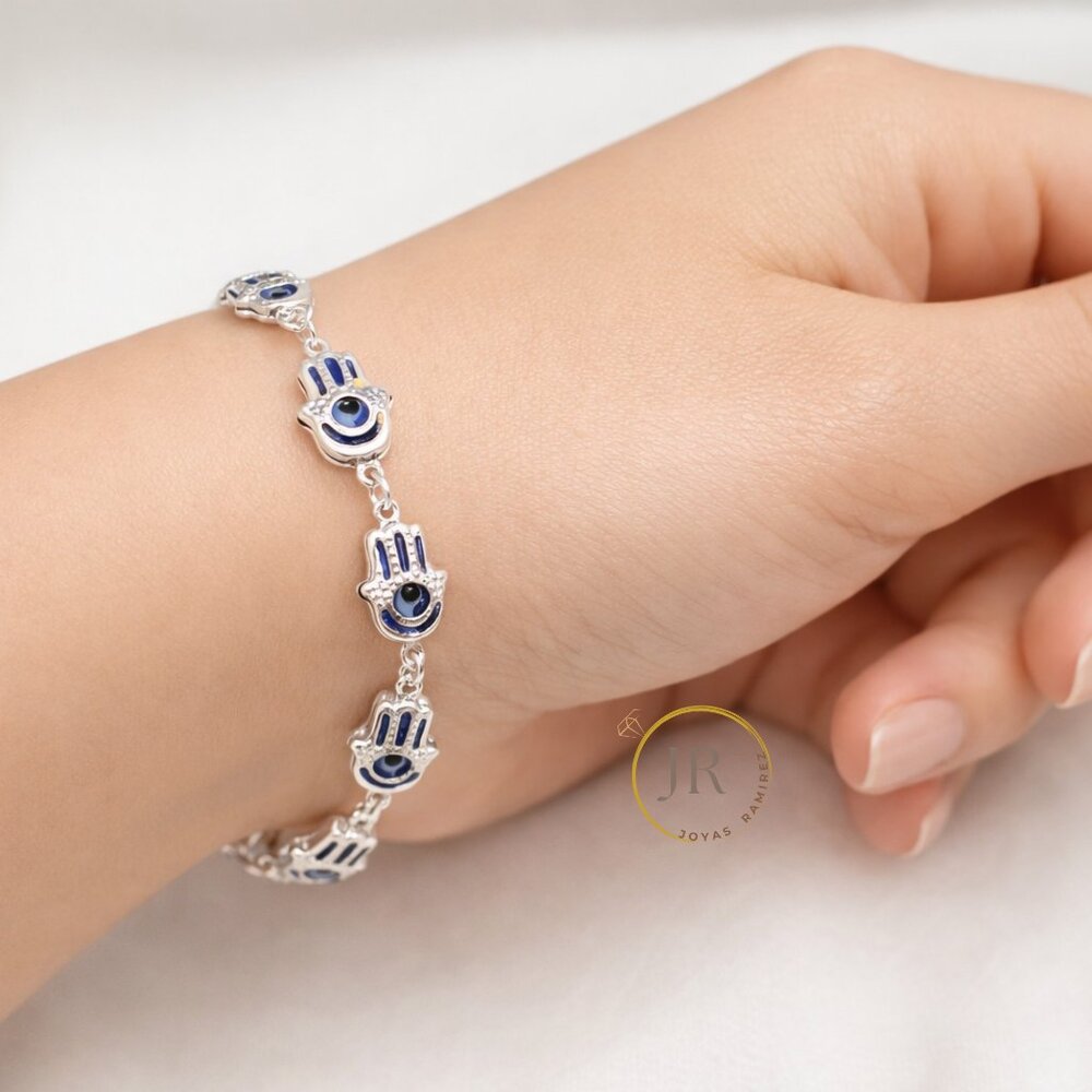 Hamsa Hand of Fatima Evil Eye Bracelet In 925 Sterling Silver with Lobster Clasp
